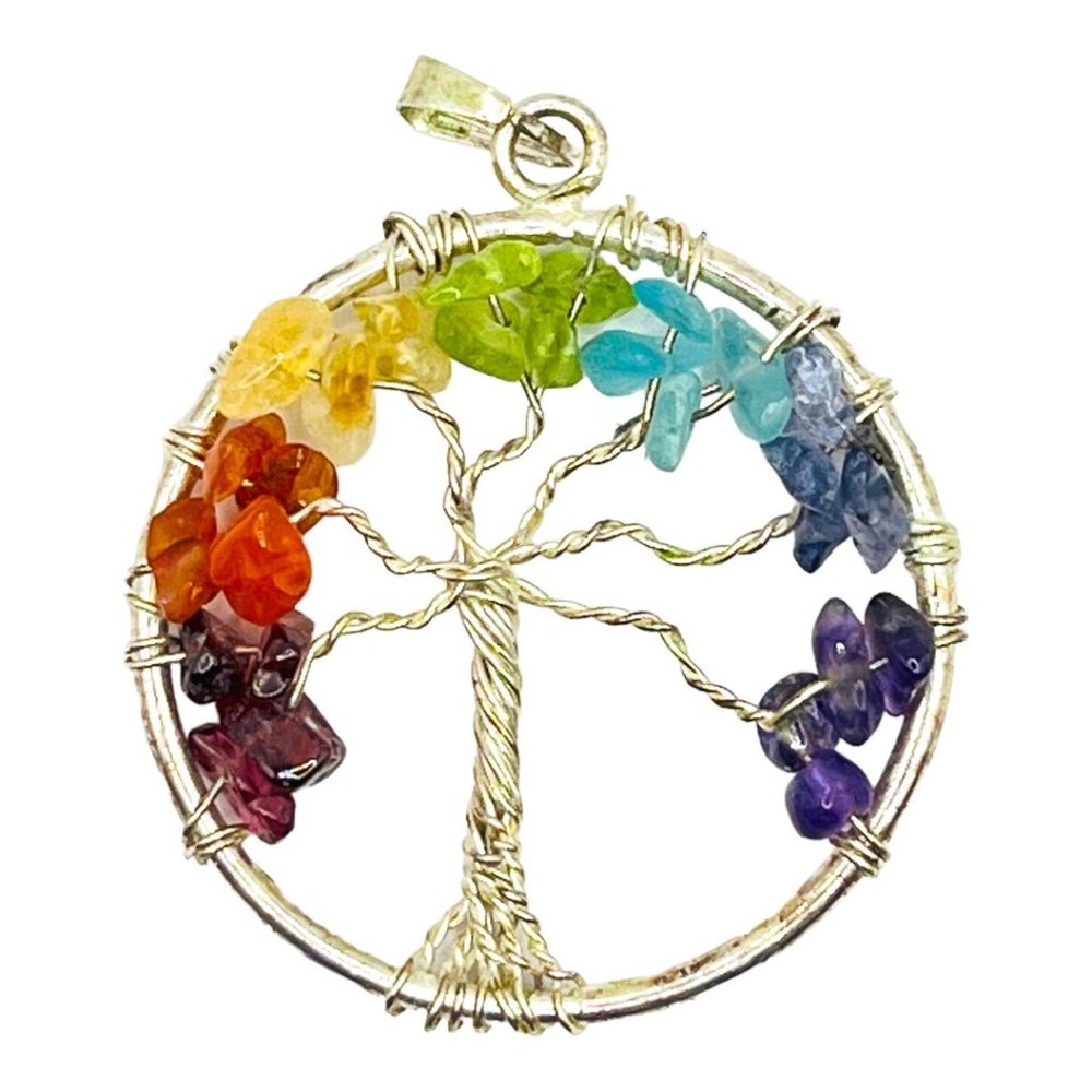 Artisan Wire-Wrapped Tree Pendant Multi Gemstone Vintage 70s Handcrafted EUC